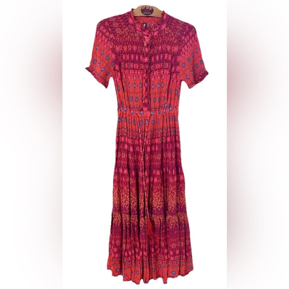 Free People Rare Feelings Maxi Ruby Red Multicolored Bohemian Dress Size Small